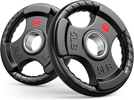 Gikpal Olympic Weight Plates, 2-Inch Three-Grip Rubber Coated Barbell Plates with Steel Hub, Cast Iron Weights for Strength Training & Home Gym, Pair or Sets (2.5–45LB)