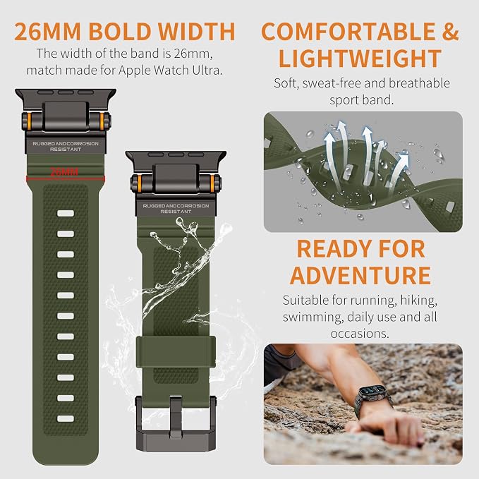 Band Compatible with Apple Watch Ultra 3/2/1 Band 49/46/45/44mm | Metal Connector with Silicone Rugged Strap for iWatch Ultra Series 11/10/9/8/7/6/SE3/SE2/SE/5/4/3/2/1, Army Green/Black