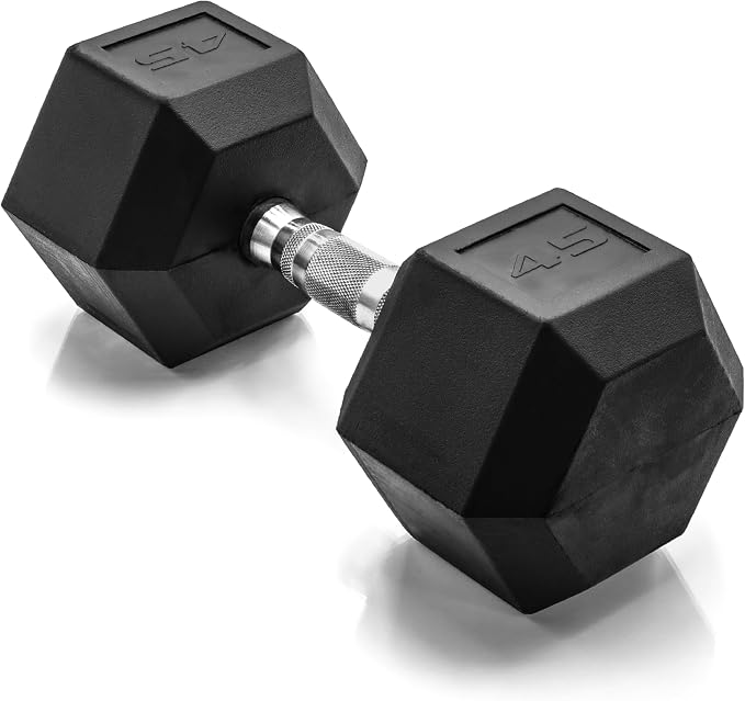 CAP Rubber Coated Dumbbell Weights, Free Weights for Home Gym Strength Training, Anti-Roll Hex Dumbbells with Black, Chrome & Comfort Grip Handles, Singles