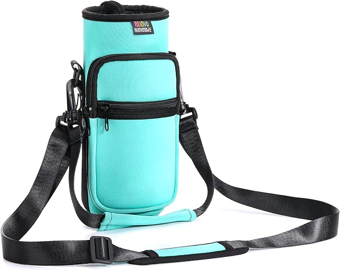 Nuovoware Water Bottle Carrier Bag, 25oz/32oz, Blue-green | Adjustable Shoulder Hand Strap, 2 Pocket, Neoprene Sleeve, For Hiking Travelling Camping
