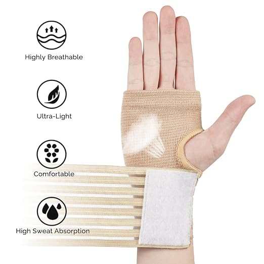 AOOWU Wrist Brace, 2 Pack Elastic Wrist Support with Strap, Wrist Compression Wrap Adjustable Wrist Strap Relieves Wrist Pain, Tendonitis, Sports Use for Men and Women, Right & Lef(cream color)