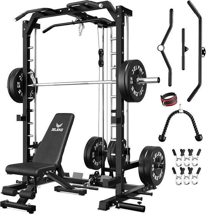 SR01 Smith Machine, 2000LBS Multi-Function Power Cage with LAT Pulldown System, All-in-One Home Gym Squat Rack with Smith Bar and Training Attachments for Full Body Workouts