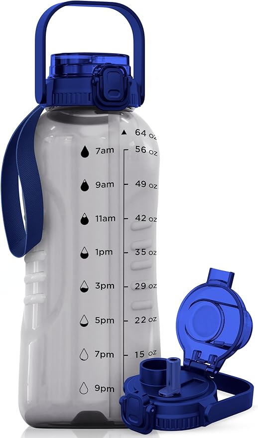 AQUAFIT 64 oz Water Bottle with Handle, 2in1 Lid | BPA Free Half Gallon Water Bottle with 2in1 Straw and Chug Lid - Leakproof Gym Water Bottle with Time Marker (Clarity)