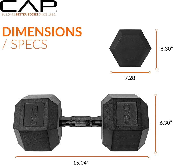 CAP Rubber Coated Dumbbell Weights, Free Weights for Home Gym Strength Training, Anti-Roll Hex Dumbbells with Black, Chrome & Comfort Grip Handles, Singles