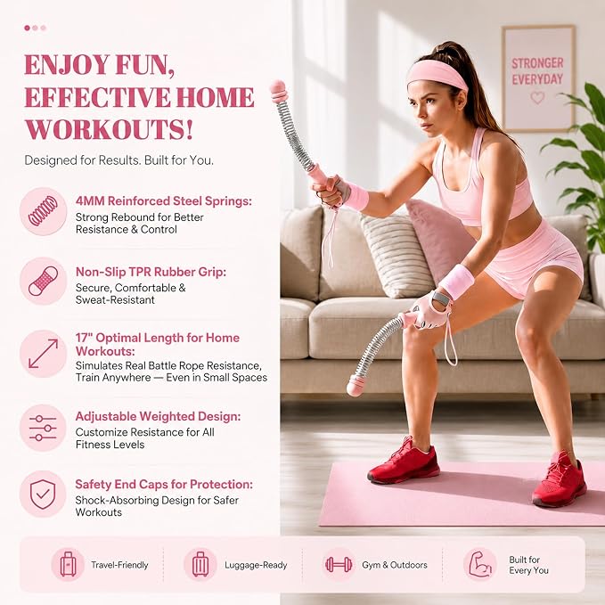 8pcs Ropeless Battle Rope Workout Kit for Women with Resistance Springs, Pink Adjustable Weighted Home Gym Equipment, Includes Gloves, Towel, Headband, Wristbands, Storage Bag & Gift Box