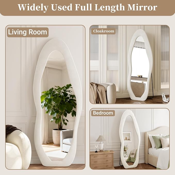 Full Length Mirror, 71"x30" Flannel Floor Mirrors with Stand | Flannel Floor Mirrors with Stand, Irregular Wavy Mirror Hanging or Leaning Against Wall for Bedroom Living Room, White