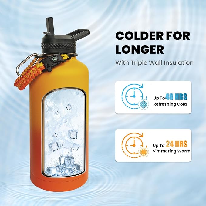 RAYMYLO Insulated Water Bottle 87 oz, Triple Wall Vacuum Stainless Steel | Cold for 48 Hrs), Leak Proof & Non-BPA, Modern Water Flask Jug with Paracord Handle & Straw Spout Lids, Ombre Orange