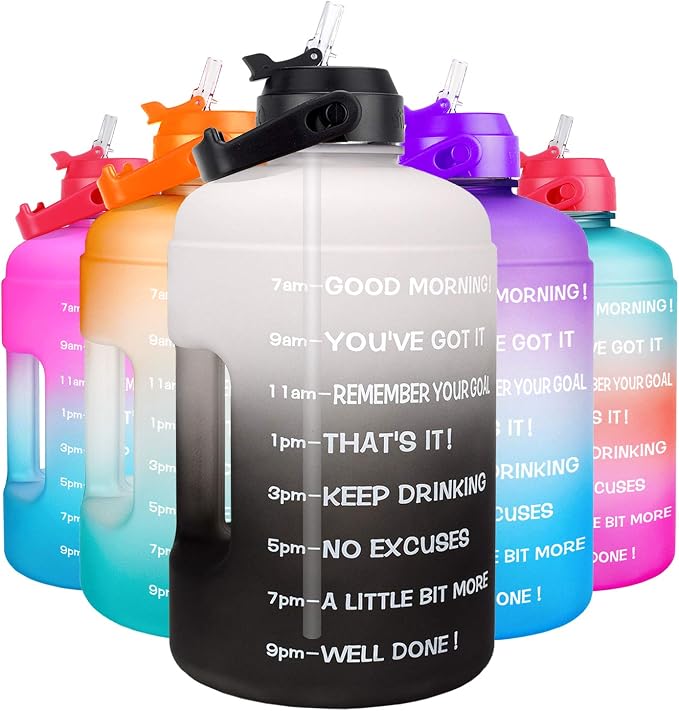 QuiFit 1 Gallon Water Bottle - with Straw & Motivational Time Marker Leak-Proof BPA Free Reusable Gym Sports Outdoor Large(128OZ/73OZ) Capacity Water Jug