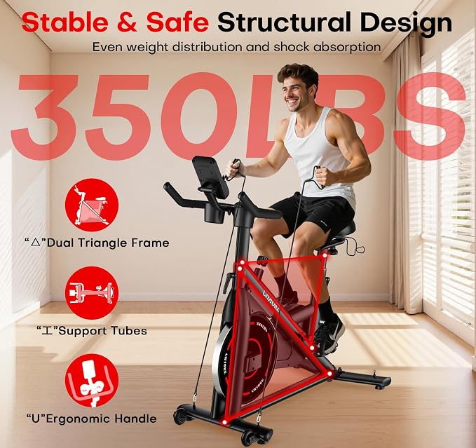 CHAOKE Exercise Bike, Quiet Adjustable Magnetic Stationary Bike for Home Cardio with App Compatible, 350LB Weight Capacity Indoor Cycling Bike with Comfortable Seat, Digital Display for Home Fitness