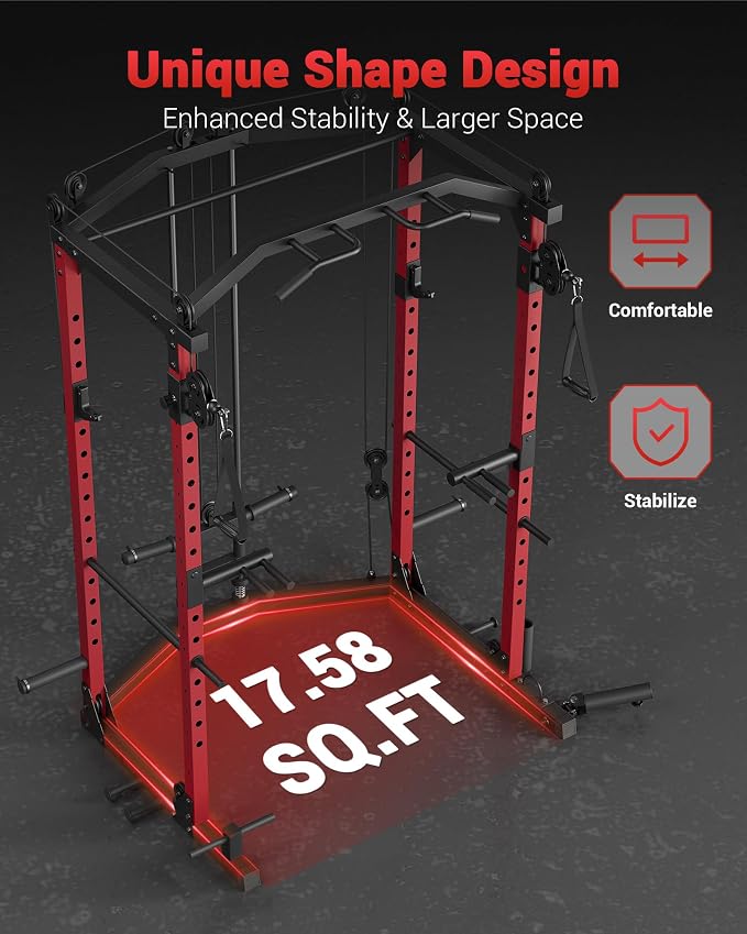 Garvee Power Cage with Cable Crossover System, Power Rack for Home Gym | 1600 Lb Capacity, Carbon Steel Squat Machine with LAT Pulldown Pulley System, J-Hooks, Dip Handles, Landmine Attachment