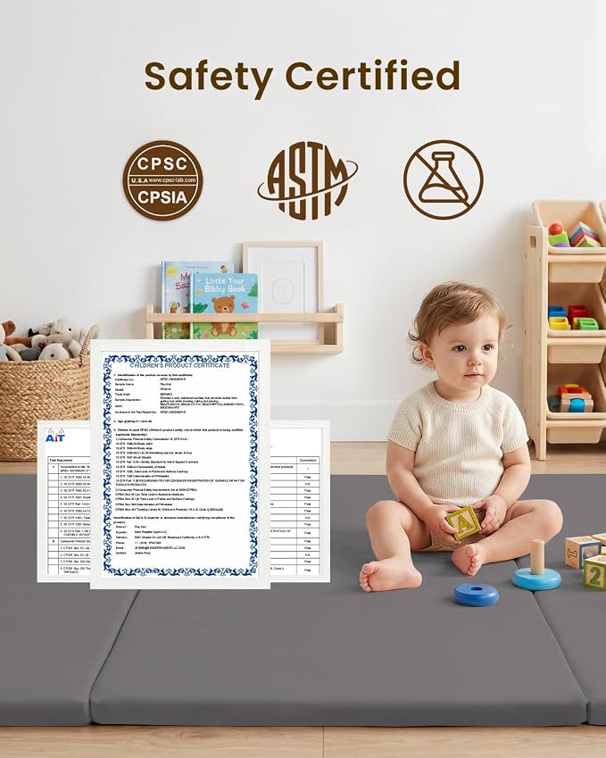 SEPARO Foldable Baby Play Mat,Vegan Leather 47x47 Baby Mat for Floor,Grey | Trifold Waterproof Playmat for Babies,Soft Foam Tumbling Mat,Wipe-Clean&Non-Slip Outdoor Mats,Playmate for Baby Tummy Time