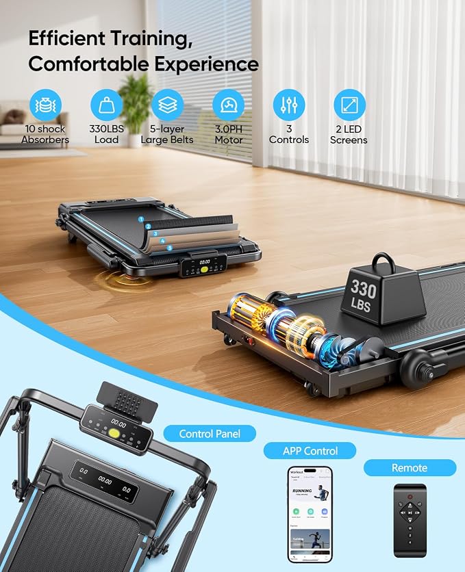 3.0HP Walking Pad Treadmill with Incline 2%-7%-12%, 6 in 1 Foldable Treadmill for Home with Removable Desk, Adjustable Handle Bar, RGB Lights, LED Display, Remote&APP Control, 330LBS Capacity