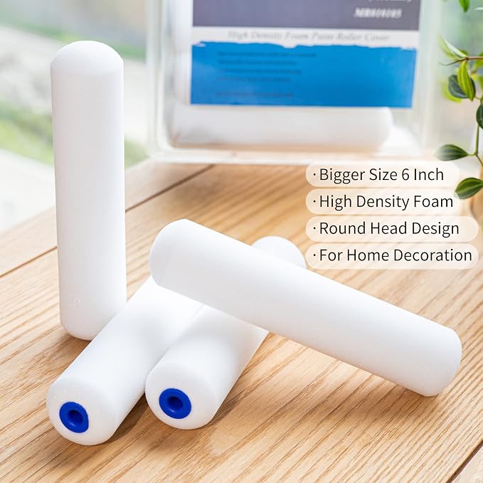 Mister Rui Foam Paint Roller Covers, 6 Inch Paint Rollers, Pack of 24 | High Density Foam Paint Roller Refills, Small Roller Covers, 6 Inch Sponge Mini Refill for Painting Walls, Use with All Paint