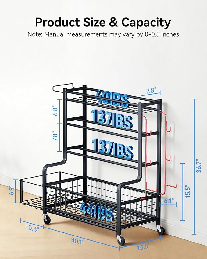 4 Tiers Large Capacity Dumbbell Rack [Thickened High-Strength Steel] Home Gym Storage for Dumbbells Kettlebells Yoga Mat and Balls, All in One Workout Storage Rack with Wheels and Hooks