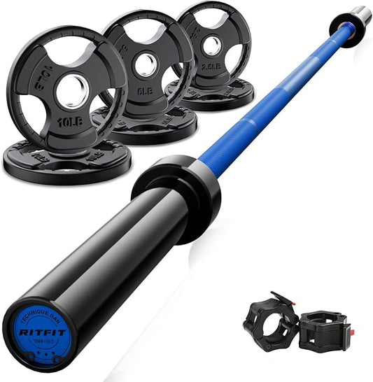 RitFit Barbell Weight Set - 4/6FT Olympic Barbell with Weight Plates (55-115LB Total) - Weightlifting Equipment for Squats, Curls, Deadlifts, Presses, Hip Thrusts