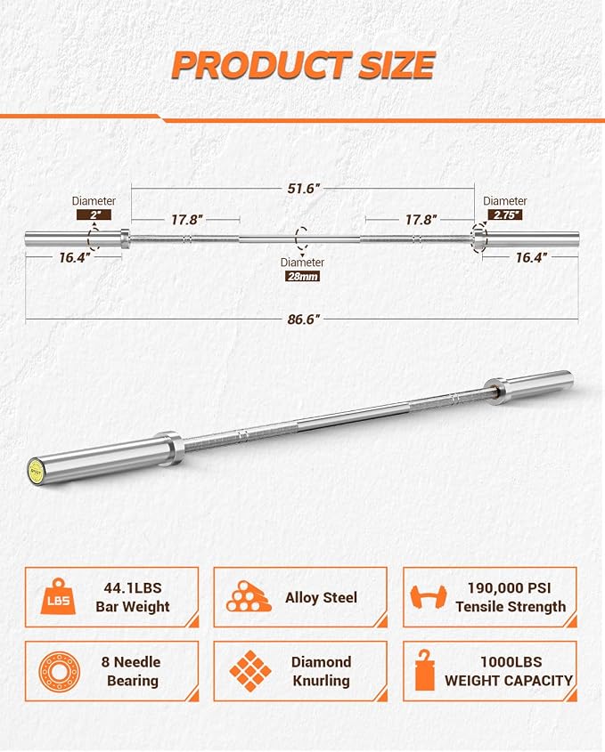 7ft Olympic Barbell for Home Gym, 45lb 2" Weight Bar for Deadlift Weightlifting, Bar, 1000 Lb High-Capacity, Hard Chrome, Knurled Grip, Strength Training Bench Press Squat Presses, Rows, Curl