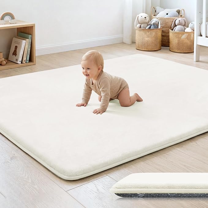 1.3" Thick Baby Play Mat for Floor, 79x79 Soft Foam Play Mats Cream | Memory Mat for Baby to Play on Floor Waterproof Easy Care with Non-Slip Tummy Time Play Mat for Nursery Playroom Classroom