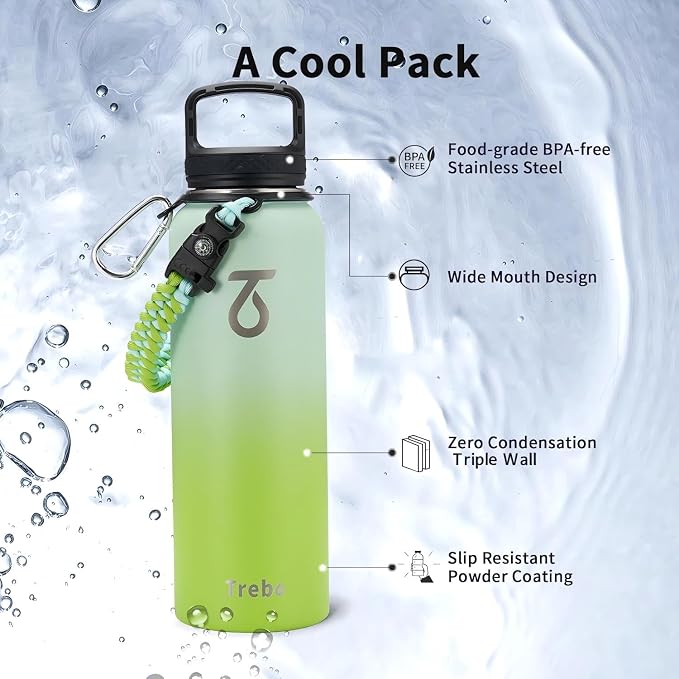 Trebo Water Bottle Insulated 40 oz with 3 Lids, Paracord Handle & Sleeve | Stainless Steel Flask Vacuum, Triple Wall Copper Plated, Dishwasher Safe, Keeps Cold 48Hrs for Hiking, Gym, Wide Mouth