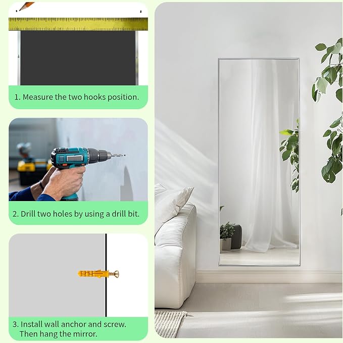 48x16 inch Floor Length Mirror, Silver Wall Mirror Full Length | Nickel Brushed Metal Frame, No Distortion, Silver Full Length Mirror for Bedroom, Living Room, Entryway, Bathroom, Nursery
