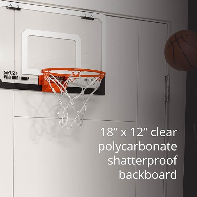 SKLZ Pro Mini Indoor Basketball Hoop with Ball, Over the Door, Shatter-Proof Backboard, Spring-Action Break-Away Steel Rim, Great for Home, Dorm Room, and Office
