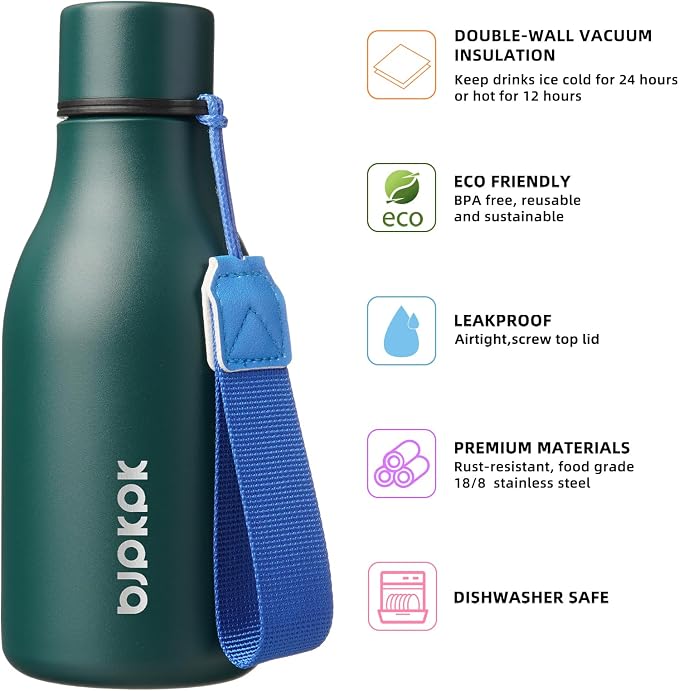 BJPKPK 12oz Insulated Water Bottle, Stainless Steel Bottle with Carry Strap | Keep Cold & Hot Vacuum Insulation, Leak-Proof BPA-Free Design, Slim Bottle Fits Most Cup Holders for Gym, Office & Travel