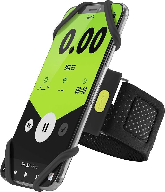 BONE Run Tie, Universal Running Phone Armband for 4"-6.7" Smartphones | Sweat Wicking, Skin-Friendly & Washable Silicone Strap, Workout Phone Arm Holder for Running (Black - S Arm Size 7.9-9.8")