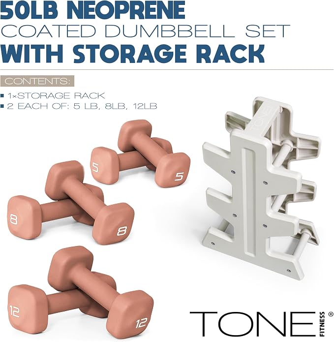 Tone Fitness Neoprene Dumbbell Set with Storage Rack – Non-Slip, Anti-Roll Hand Weights for Home Gym Workouts | 20 lb, 32 lb, 50 lb, 60 lb & 100 lb Options