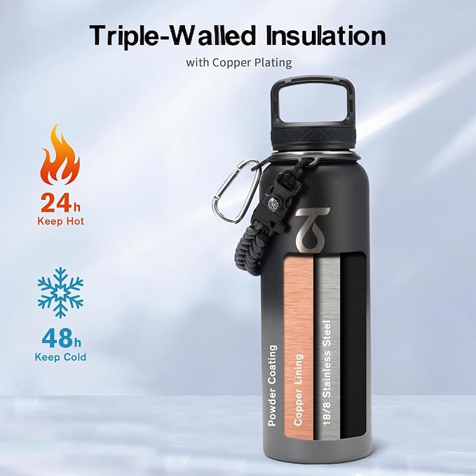 Trebo Water Bottle Insulated 40 oz with 3 Lids, Paracord Handle & Sleeve | Stainless Steel Flask Vacuum, Triple Wall Copper Plated, Dishwasher Safe, Keeps Cold 48Hrs for Hiking, Gym, Wide Mouth