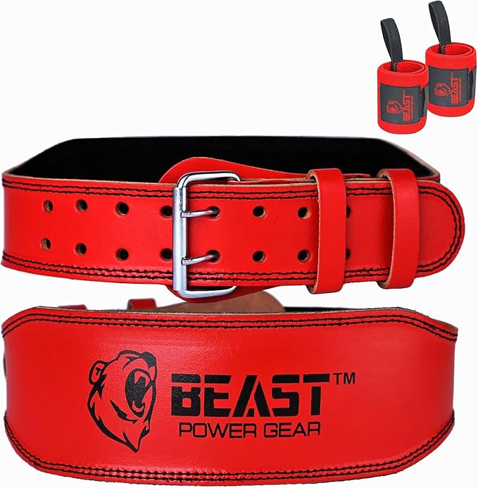 Weight Lifting Belt - 4” Genuine Leather Belts Padded Lower Back Support for Gym Bodybuilding Squat Deadlift Weightlifting Cross Strength Training Men Women Free Wrist Wrap