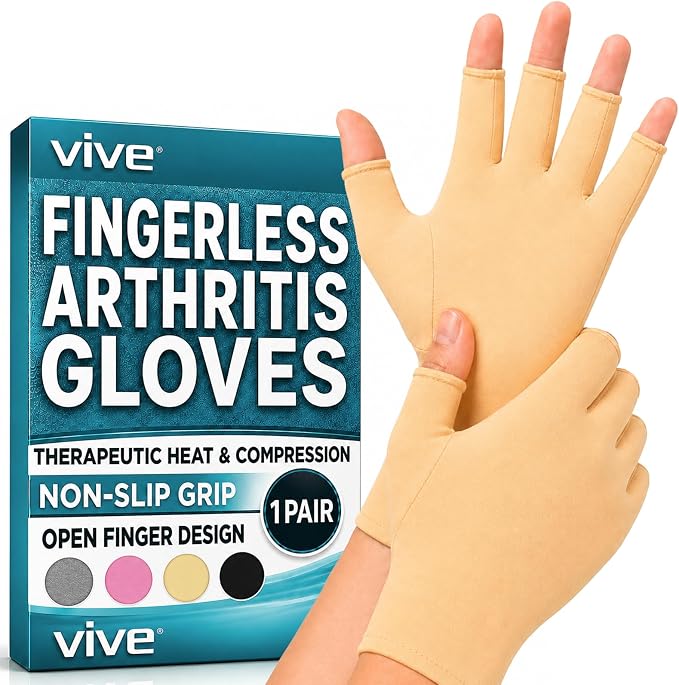 Vive Arthritis Gloves - Men, Women Rheumatoid Compression Hand Glove | Osteoarthritis- Arthritic Joint Pain Relief - Carpal Tunnel Wrist Support - Open Finger, Fingerless Thumb for Computer Typing