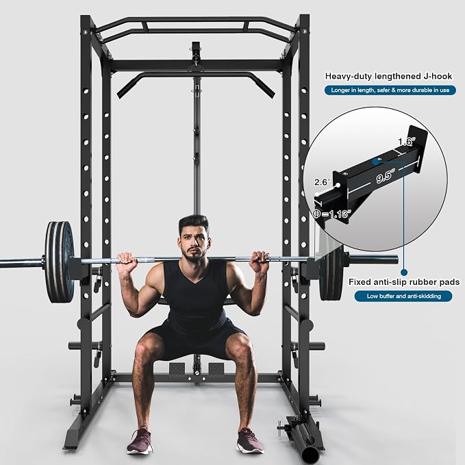 ULTRA FUEGO Power Cage, Multi-Functional Power Rack with J-Hooks, Dip Handles, Landmine Attachment and Optional Cable Pulley System for Home Gym