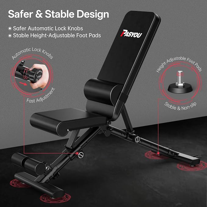 PASYOU Adjustable Weight Bench, 660LB Foldable Workout Bench for Home Gym, Incline Flat Bench Press for Full Body Workout, Dual-Frame Strength Training Bench, No Assembly Required