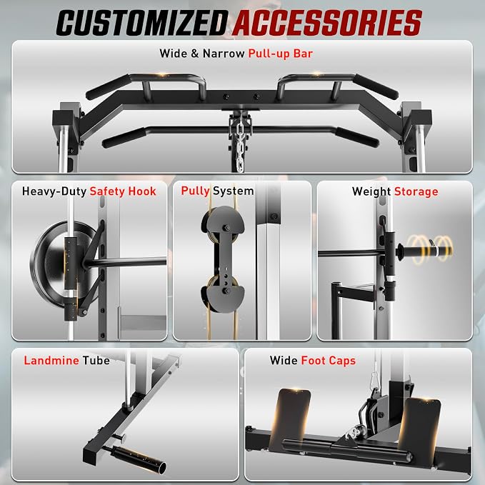 OPPSDECOR All-in-One Adjustable Smith Machine with LAT-Pull Down System | Multi-Function Power Cage for Home Gym Cable Crossover Squat Rack of Workout Machine Training Equipment with Attachments