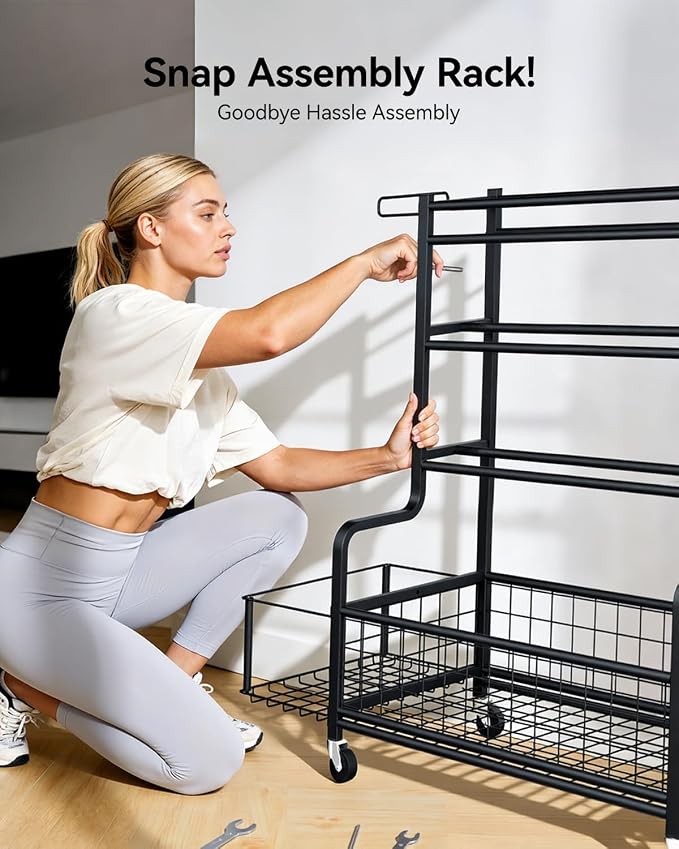 4 Tiers Large Capacity Dumbbell Rack [Thickened High-Strength Steel] Home Gym Storage for Dumbbells Kettlebells Yoga Mat and Balls, All in One Workout Storage Rack with Wheels and Hooks