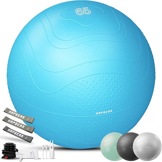 HAPBEAR Exercise Ball- Anti-Burst Slip-Resistant Yoga/Pilates Ball for Core Training & Posture Improvement, Home Gym/Rehab/Pregnancy Ball, Quick Pump & 3 Resistance Bands Included
