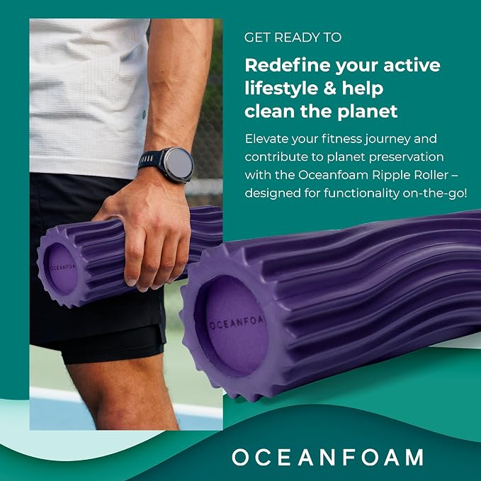 Oceanfoam Ripple Travel Foam Roller (11" x 3.35") Firm Mini Foam Roller for Physical Therapy, Deep Tissue Massage, Back Pain - High Density, Ergonomic Wave Textured - Yoga, Pilates, Exercise (Purple)