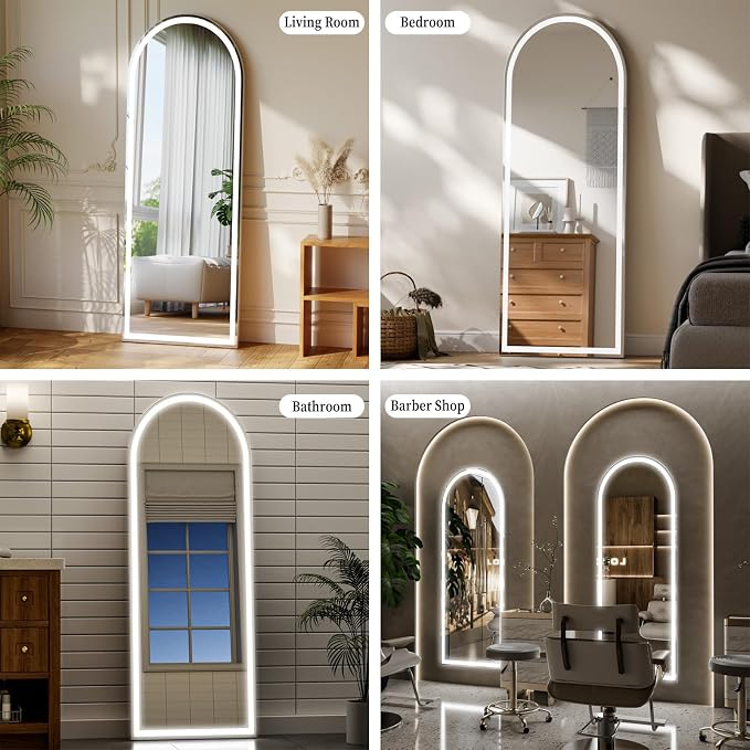 LED Arched Full Length Mirror with Lights 65"x24" | Lighted Floor Mirror with Dimming & 3 Color Lighting, Aluminum Frame Standing Leaning or Hanging for Cloakroom White