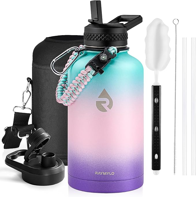RAYMYLO Insulated Water Bottle 64 oz, Triple Wall Vacuum Stainless Steel | (Cold for 48 Hrs), Leak Proof & Non-BPA, Half Gallon Water Flask Jug with Paracord Handle & Straw Spout Lids, Hydrangea