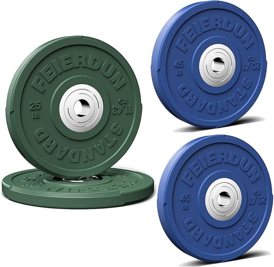 FEIERDUN Color Bumper Plate Set, 2-Inch Olympic Weight Plates, Low Bounce Rubber Barbell Plates with Stainless Steel Insert for Weightlifting, Strength Training, CrossFit & Home Gym, 10LB-370LB