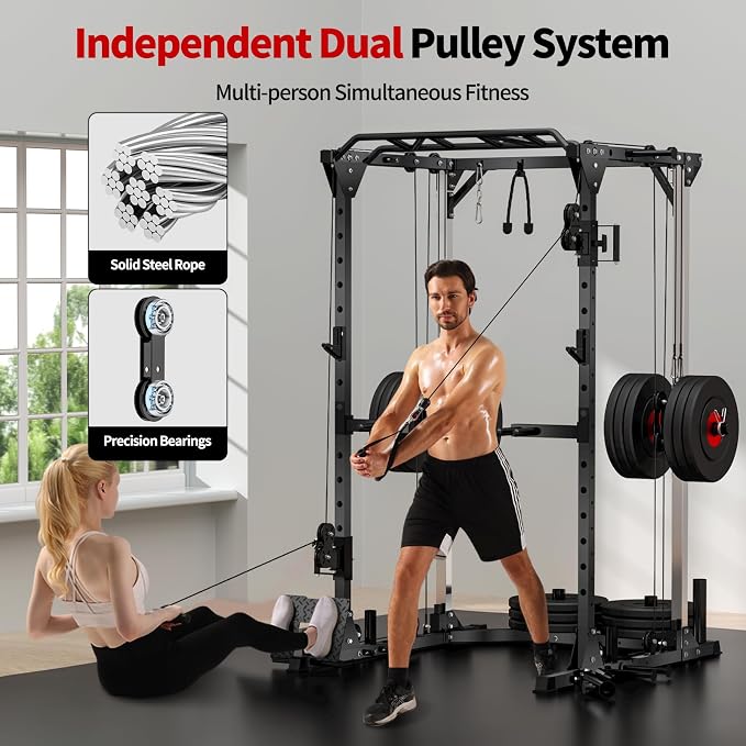 JEEKEE Power Cage with Cable Crossover System, 2000LB Multi-Function Power Rack with Independent Dual Pulleys, LAT Pulldown Seat Cushion, 20+ Attachments Squat Rack for Home Gym Workout,Black