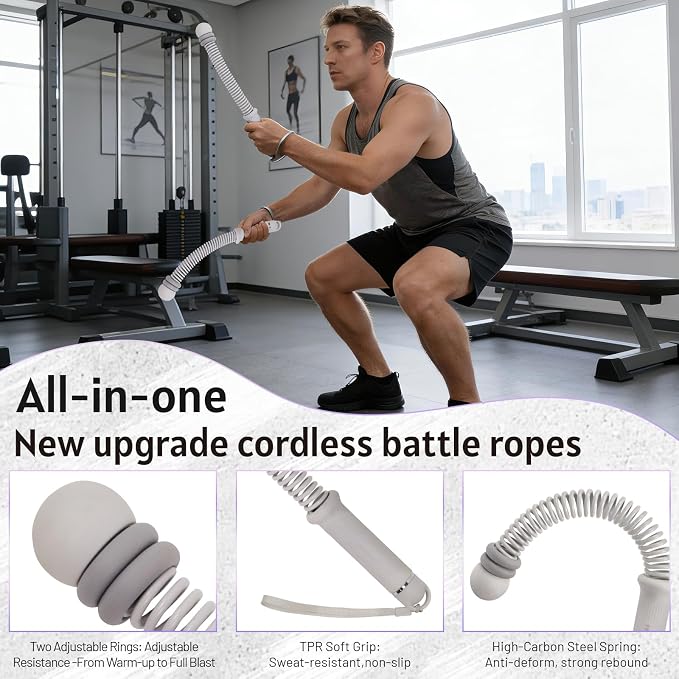 Portable Ropeless Battle Ropes for Men & Women,Adjustable Weights Cordless Battle Ropes for Home Gym,Exercise Ropes with Variable Resistance,for Strength & HIIT(Grey)