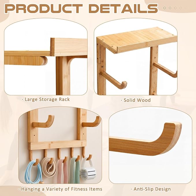 Geelin 4 Tier Wooden Yoga Mat Holder Wall Mount, Yoga Mat Storage Rack, Home Gym Equipment Organizer, Floating Shelf & 5 Hooks for Hanging Foam Roller/Band/Workout Equipment at Pilates Fitness Class