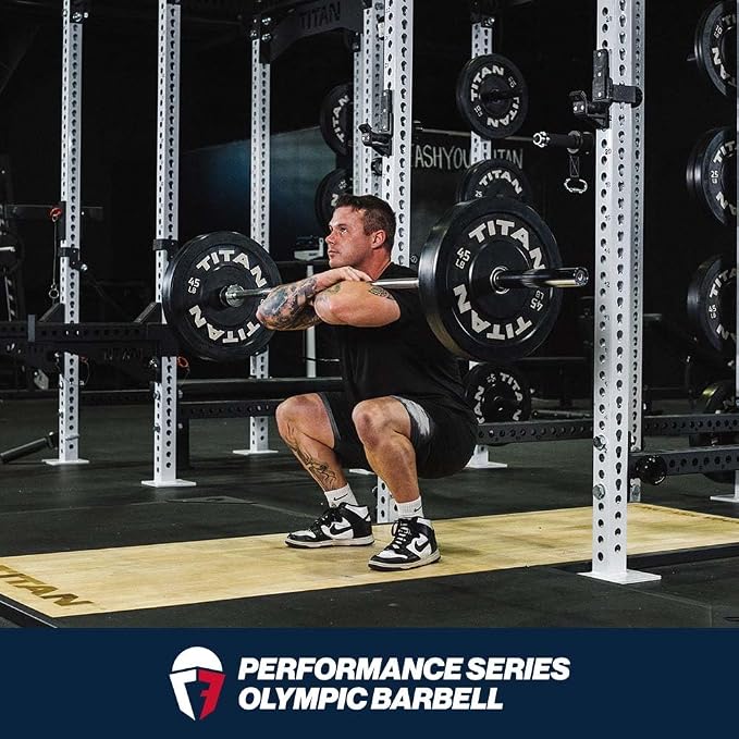 Titan Fitness Performance Series 20 KG Olympic Bar, 700 LB Capacity, 28mm Shaft, Chrome Finish, Bronze Bushings and Precision Medium Volcanic Knurling, Olympic Strength Training Barbell