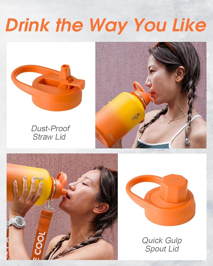 Coolflask Half Gallon Water Bottle Insulated Stainless Steel with Strap | 64 oz Large Water Jug with Straw & Spout Lids,Triple-Wall, Cold 48+h,Dishwasher Safe, Leakproof, BPA-Free,for Gym & Hiking