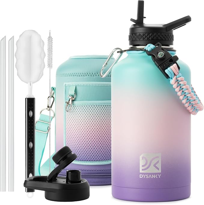 DYSANKY Insulated Water Bottle | Thickened Stainless Steel Vacuum Metal Portable Sports Half Gallon Large Water Jug for Gym and Hiking with Straw, Carrier Bag, Handle Strap | BPA-Free 64 oz