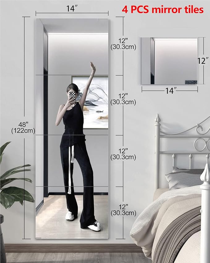 Unbreakable Full Length Wall Mirror Tiles, Over The Door Mirror, 4 PCS 14 x 12 Inch, Full Body Mirrors for Kids, Made of Shatterproof Acrylic Plastic, Long Bedroom Closet Workout Mirrors for Home Gym