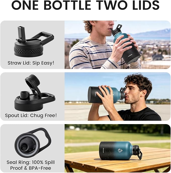 RAYMYLO Insulated Water Bottle 64 oz, Triple Wall Vacuum Stainless Steel | (Cold for 48 Hrs), Leak Proof & Non-BPA, Half Gallon Water Flask Jug with Paracord Handle & Straw Spout Lids
