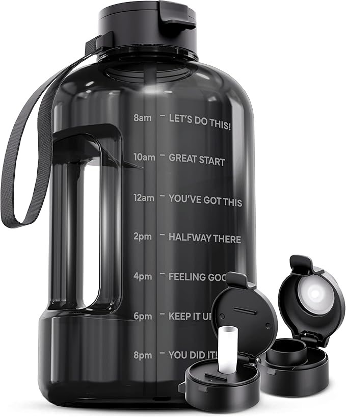 AQUAFIT 1 Gallon Water Bottle with Motivational Quotes | BPA Free 1 Gallon Water Bottle with Straw and Chug Lids - Leakproof Gym Water Bottle with Carry Handle (Gray)