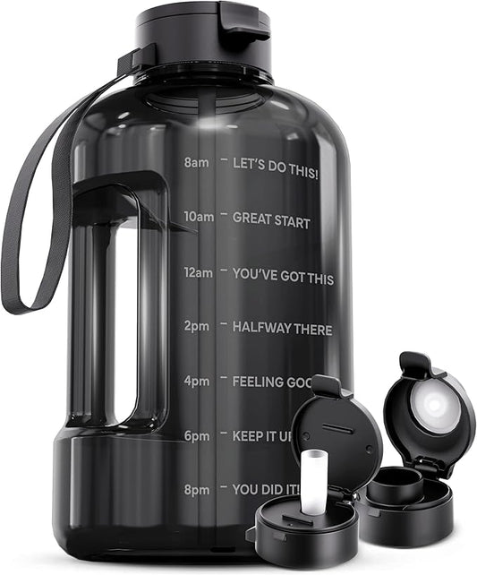 AQUAFIT 1 Gallon Water Bottle with Motivational Quotes | BPA Free 1 Gallon Water Bottle with Straw and Chug Lids - Leakproof Gym Water Bottle with Carry Handle (Gray)
