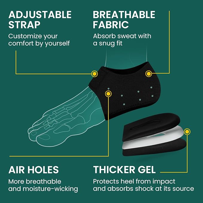 Welnove Gel Heel Protector Cups, Inserts Pads for Women Men, Plantar Fasciitis, Heels Spur, Achilles Tendonitis Dry Cracked Heel Support Cushion Black, Fit Best in Roomy Shoes (W 4.5-9 / M5-8)